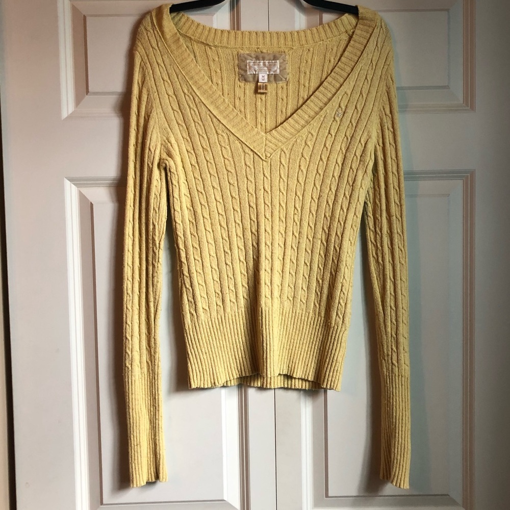 AE Yellow V Neck Cable Knit Sweater